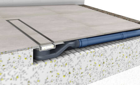 Illustration technique POLOPLAST : POLO-KAL XS sous un plancher avec évacuation de douche.