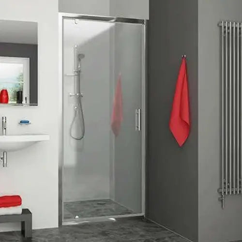 Porte de douche pivotante, pivots excentrés, largeur 800 mm, hauteur 1900 mm, profilé argent poli, verre Clair traité Anticalcaire - EQUI (ROTH)