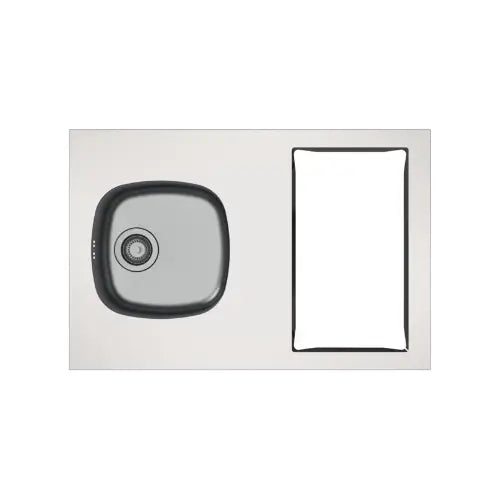 Evier cuisinette, 1 cuve soudée, en inox LISSE, découpe pour domino, bonde à panier chromé Ø90mm, vidage manuel complet avec raccord lave-vaisselle et siphon fournis - ISEO (Moderna)