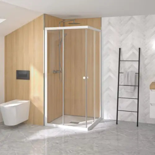 Paroi de douche, ouverture coulissante, accès d'angle, 80x80, profilé blanc, verre transparent, fixe à droite – SUPRA III (Kinedo)