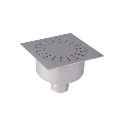 Siphon inox 150x150 à cloche D50, grille trous ronds, garde d'eau 50mm, Platine d'étanchéité – (Techneau)