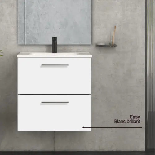 PACK MPSB - Meuble de salle de bains, 70cm, x2 Tiroirs, Blanc brillant + Vasque céramique encastrée + Miroir 100cm + Applique LED