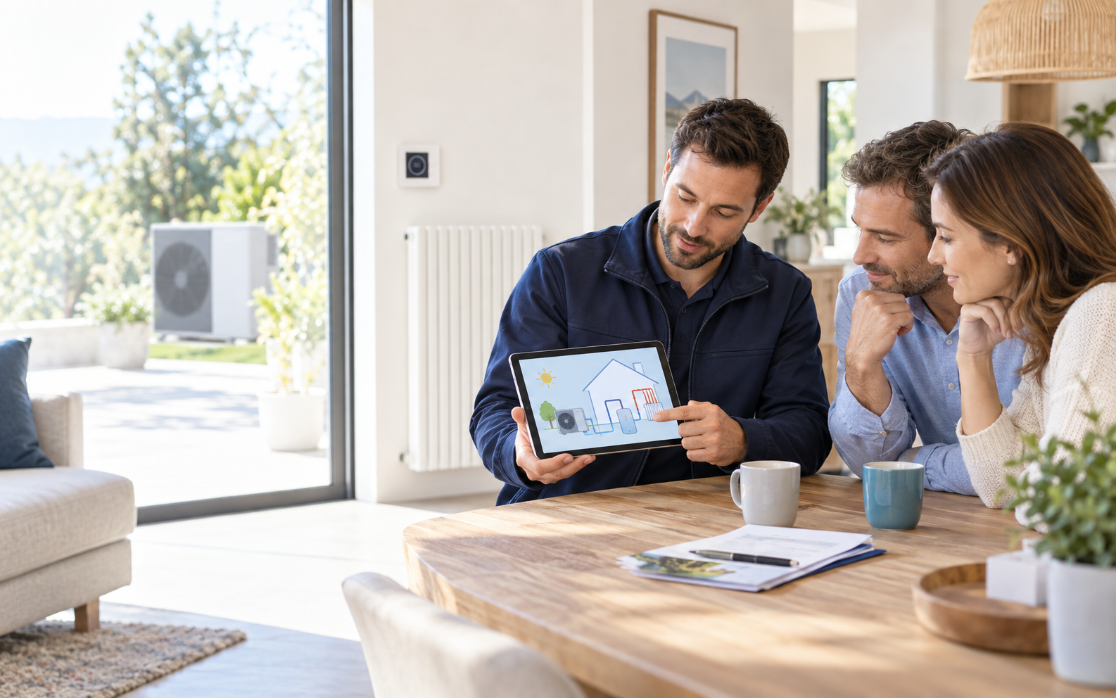Conseiller technique présentant une solution de chauffage à des propriétaires